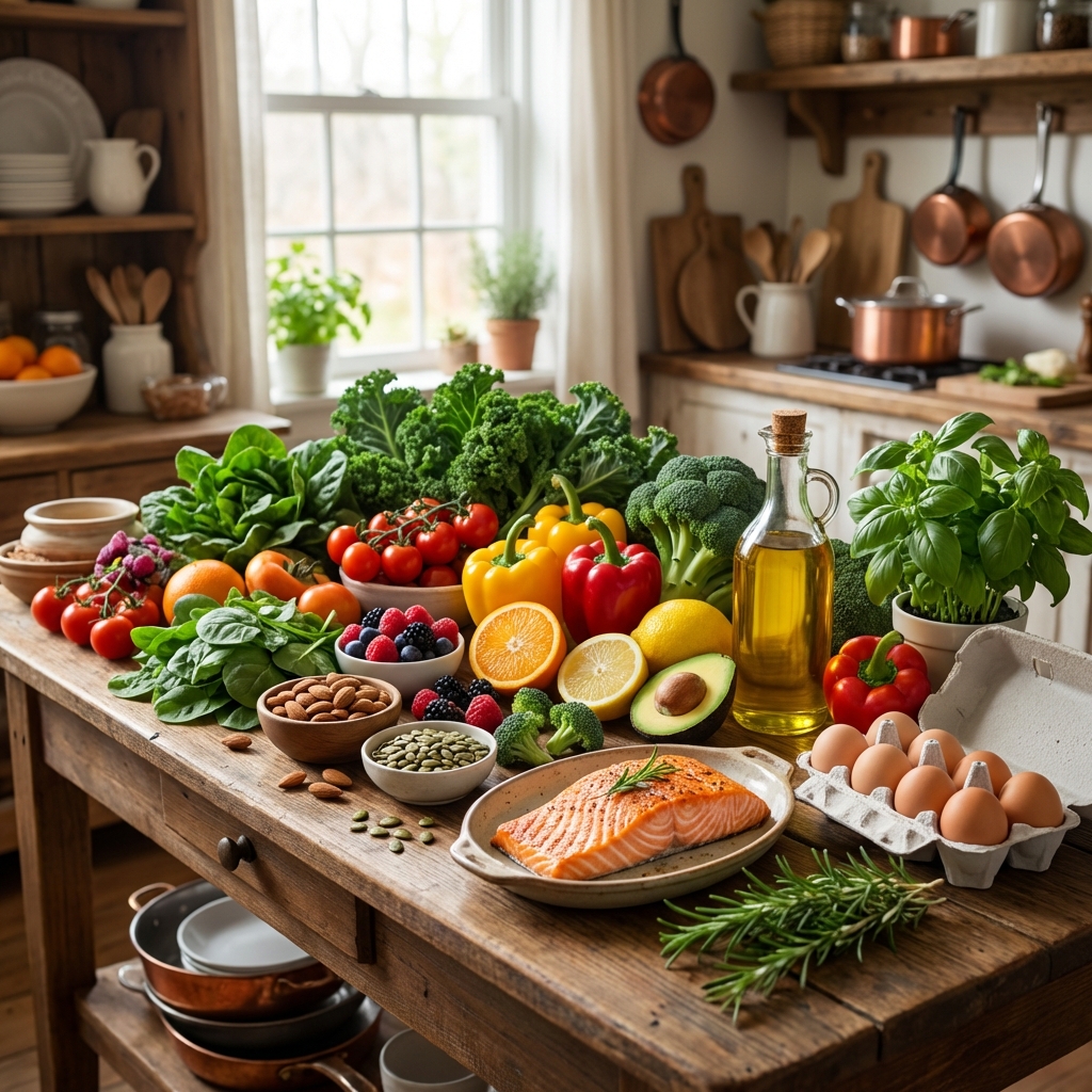 Beautiful spread of healthy whole foods including fresh vegetables, fruits, and protein sources